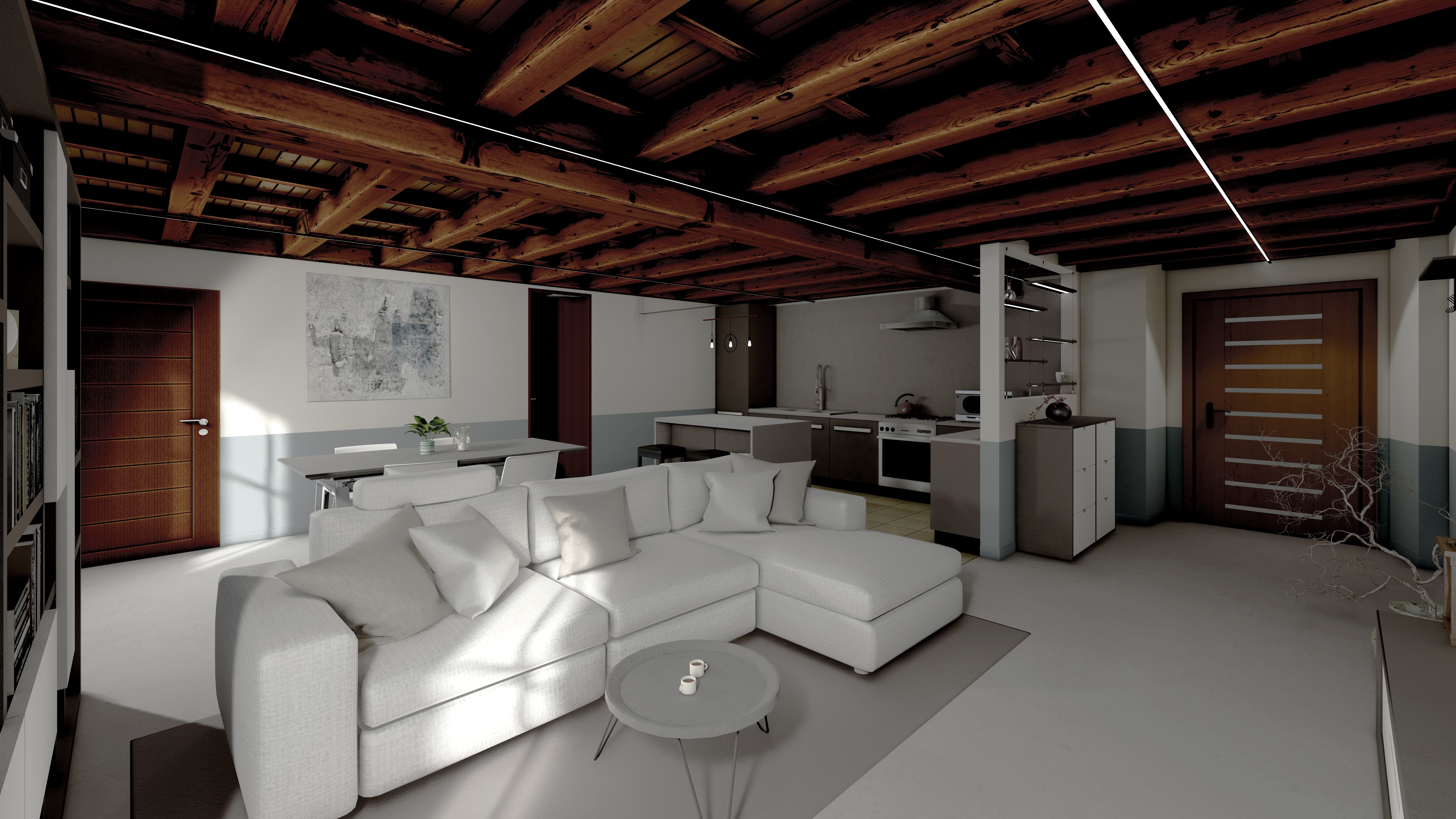 3D interior design render of Turin apartment living room