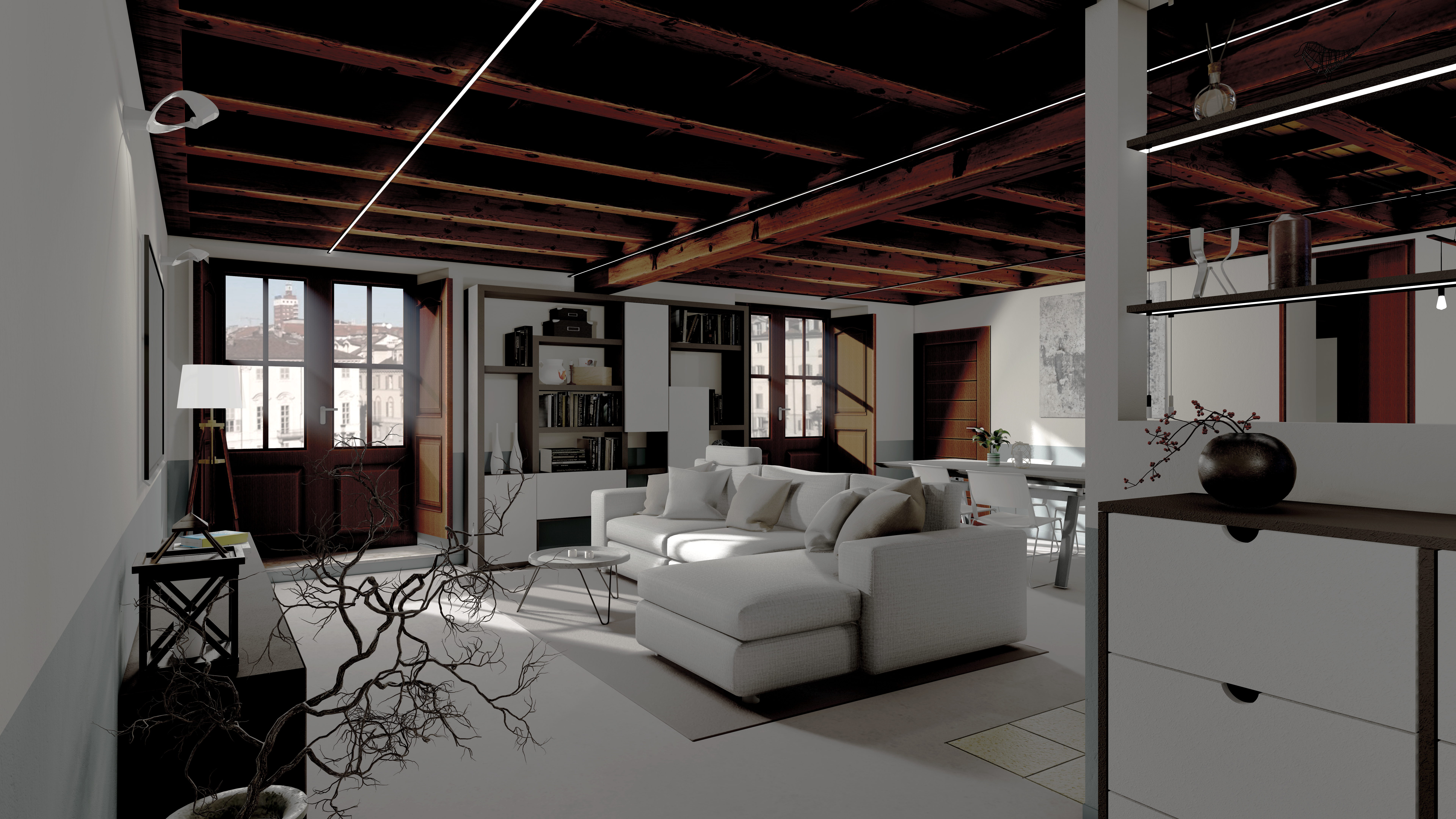 Interior visualization of apartment living space with wooden ceiling