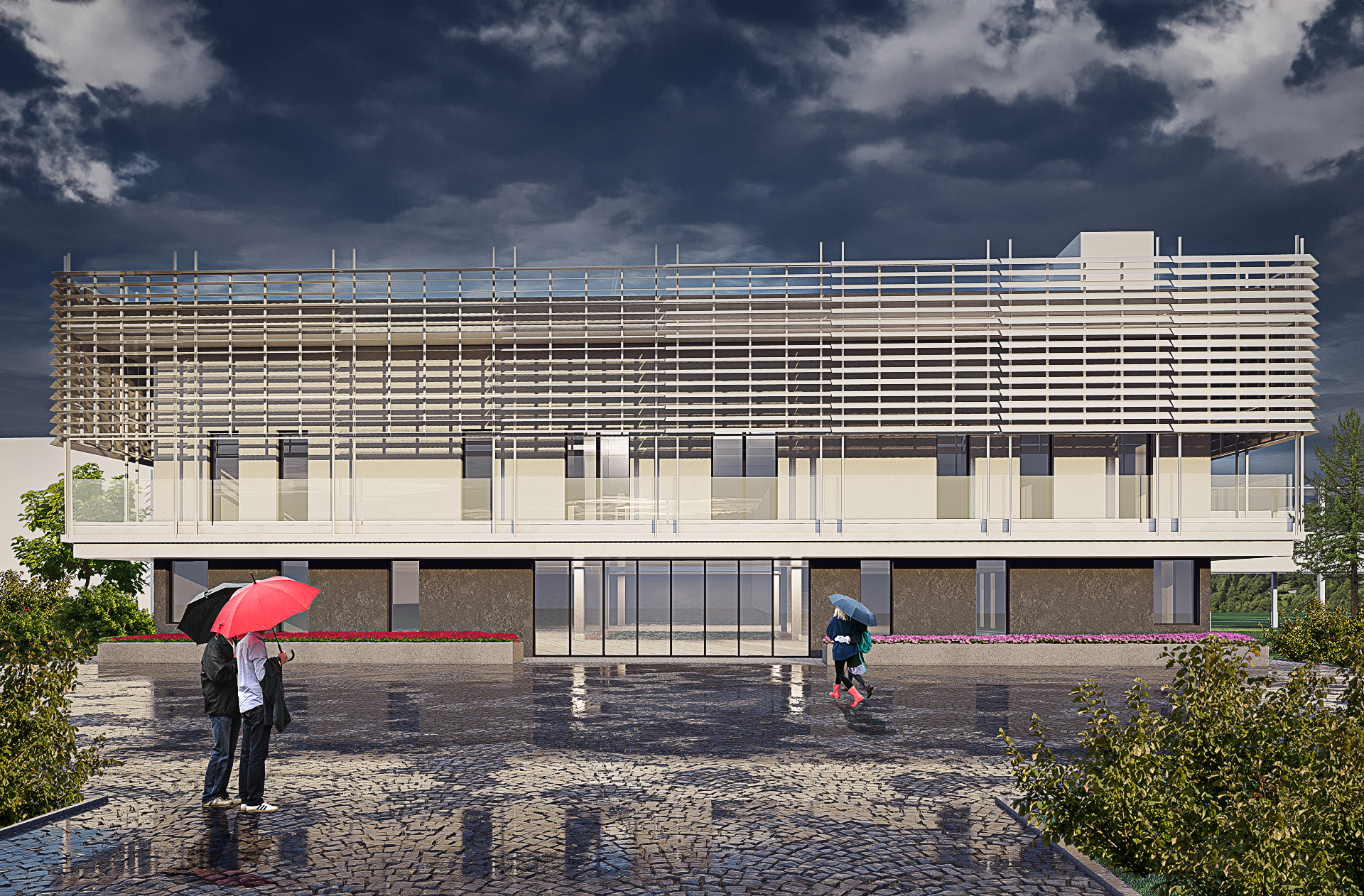 3D architectural visualization — office building exterior in rain