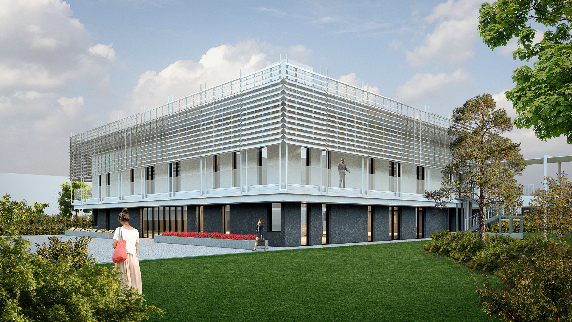 3D render of office building corner facade