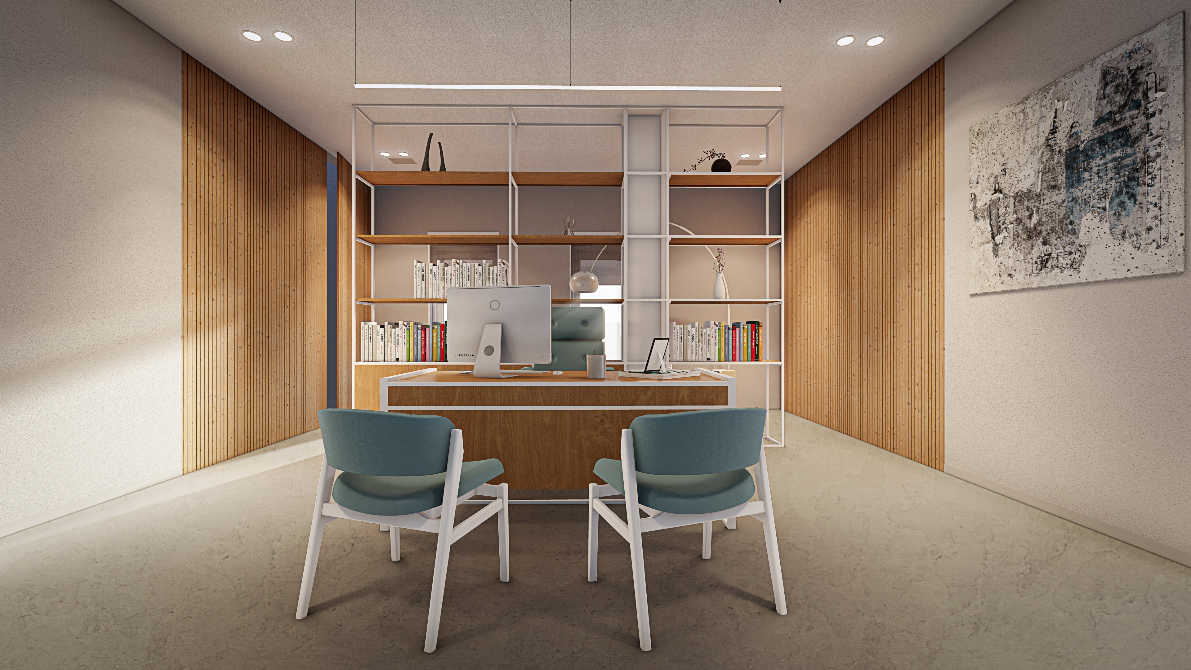 Interior 3D rendering of executive office workspace