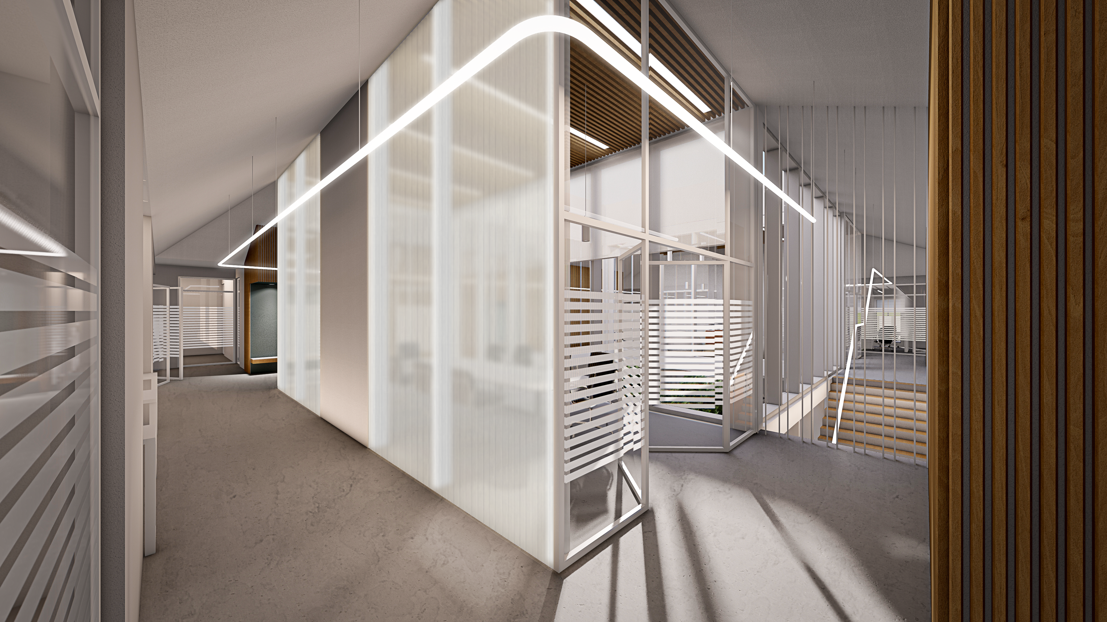 3D interior visualization of office hallway