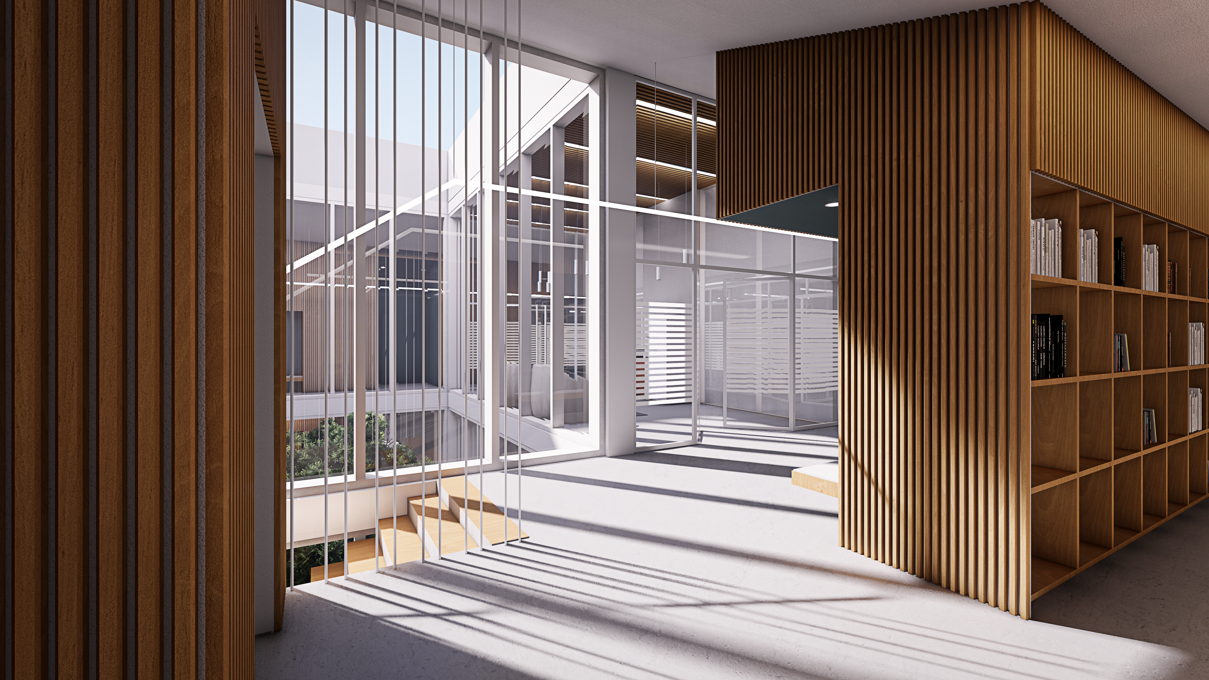 3D render of wood-clad office interior