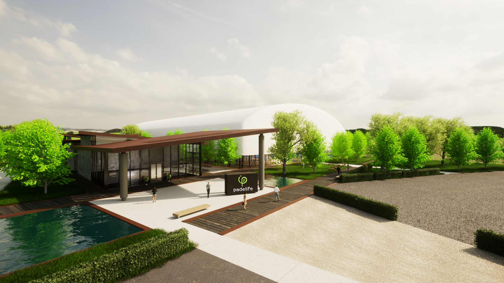 3D architectural rendering — Ferrara sports center exterior visualization