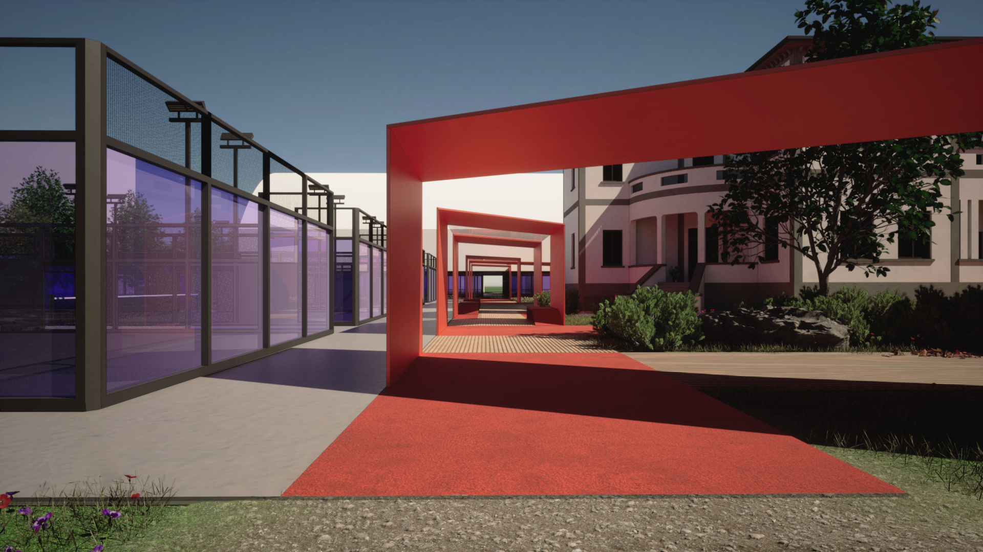 3D render detail of Ferrara sports center facade