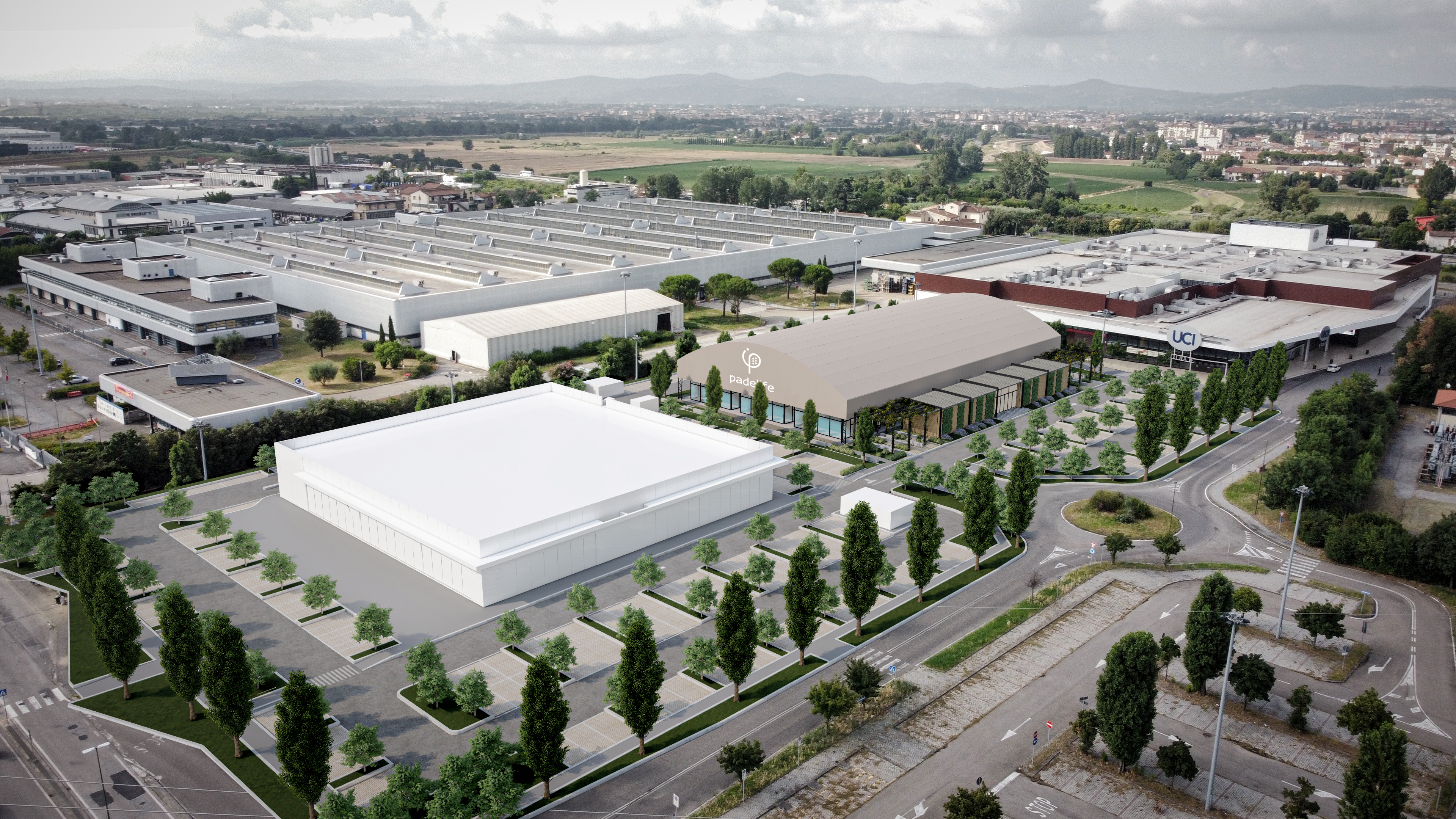 Aerial architectural render of Firenze sports center